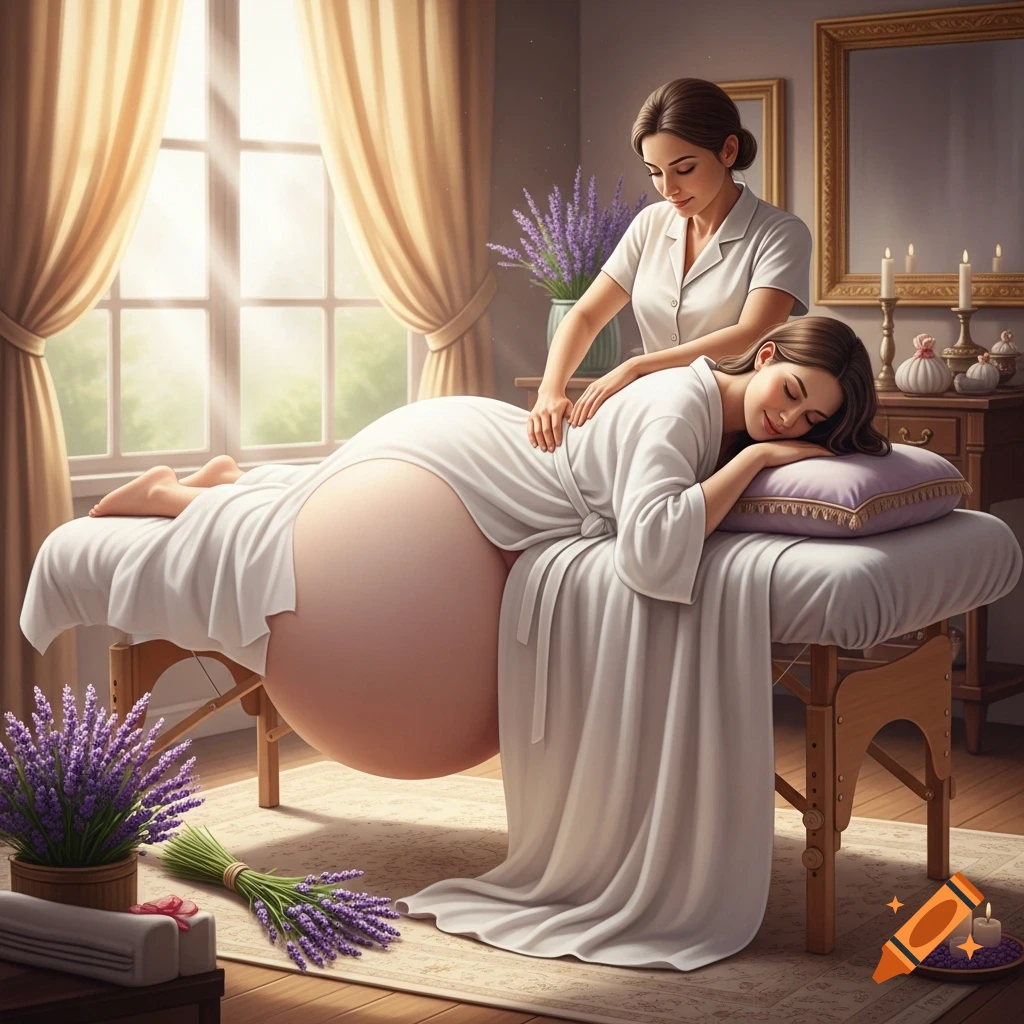 A very pregnant woman in a white robe lies on a massage table, receiving a back massage from a therapist in a sunlit room filled with lavender.