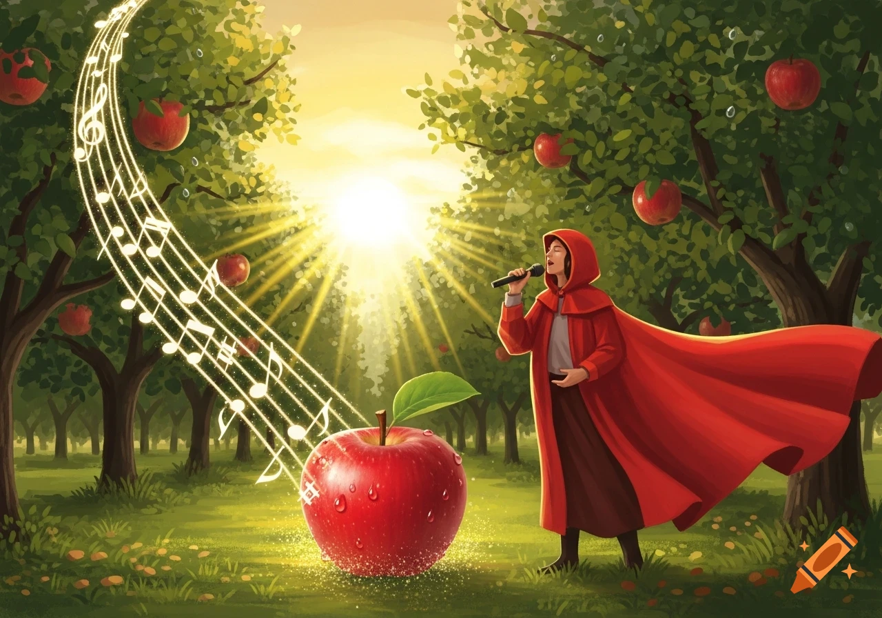 A person in a red hooded cloak sings into a microphone in a forest with apple trees and glowing musical notes. A large apple is in the foreground.