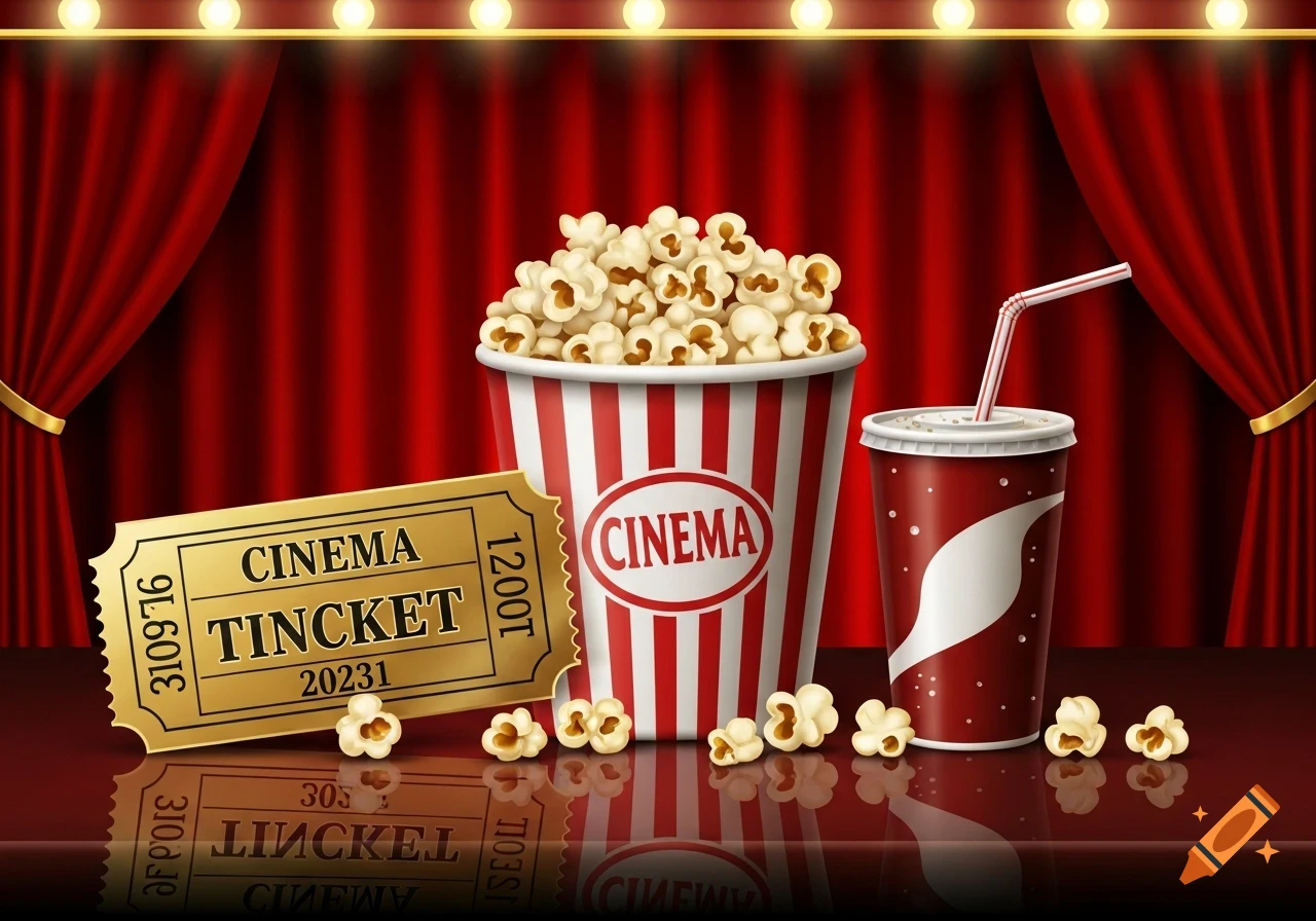 A stylized illustration of a golden cinema ticket, a large bucket of popcorn, and a soda cup with a straw, all set against a red curtain backdrop with stage lights, reflected on a glossy surface.