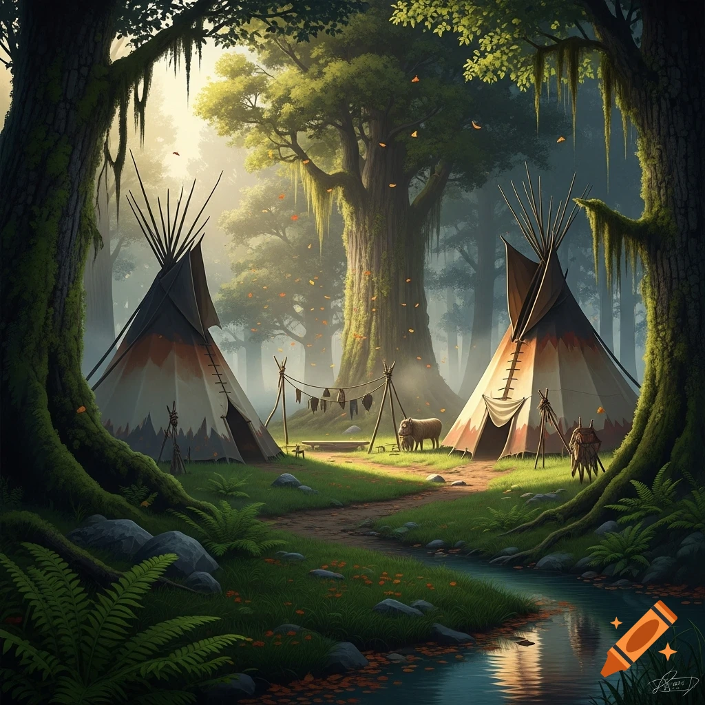 A lush forest scene featuring two tipis nestled by a winding stream and a pathway, with sunlight filtering through moss-covered trees.
