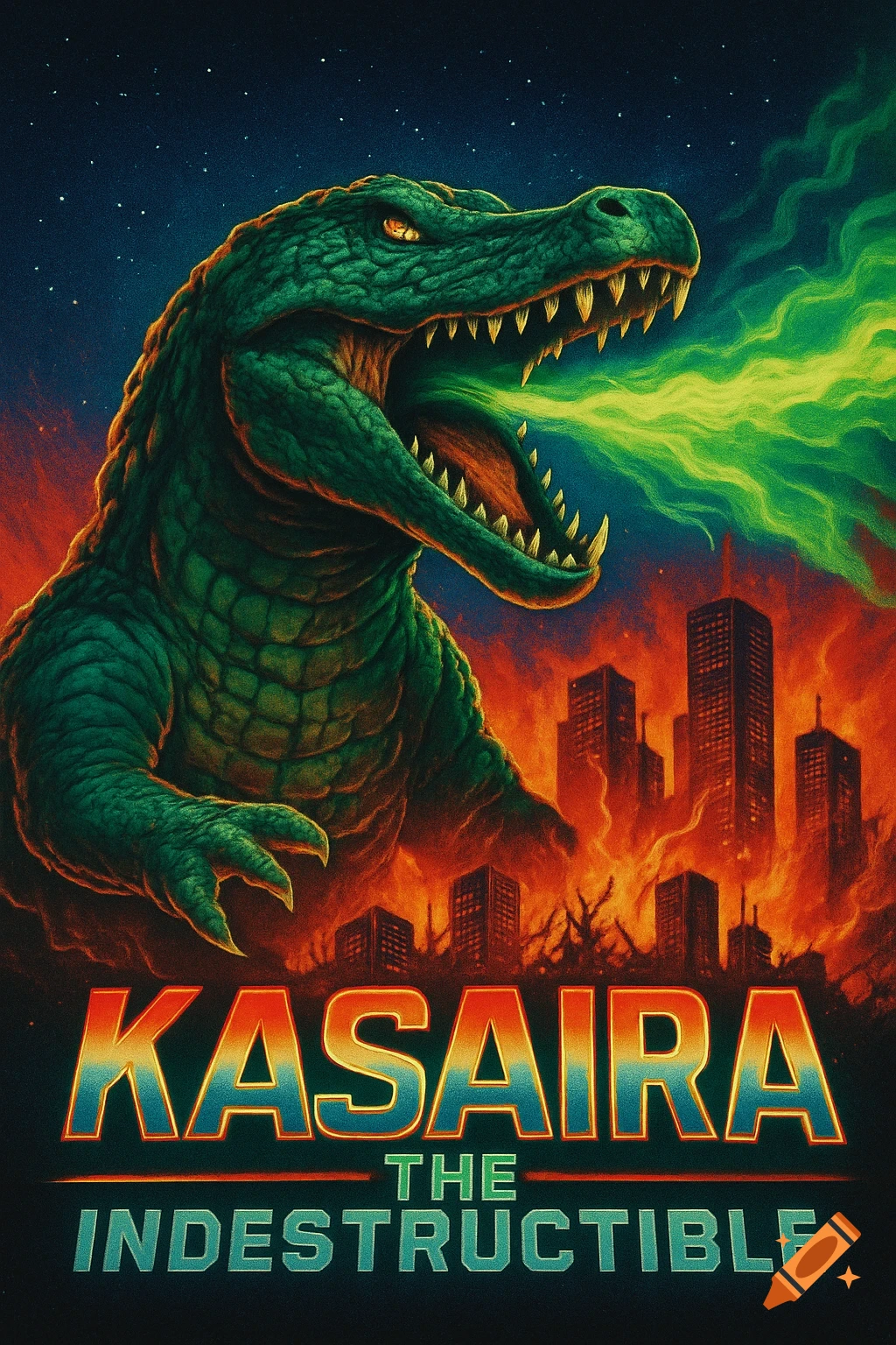 A retro 80s movie poster of a giant green crocodile-like monster breathing green fire over a city in flames, with text "KASAIRA THE INDESTRUCTIBLE".