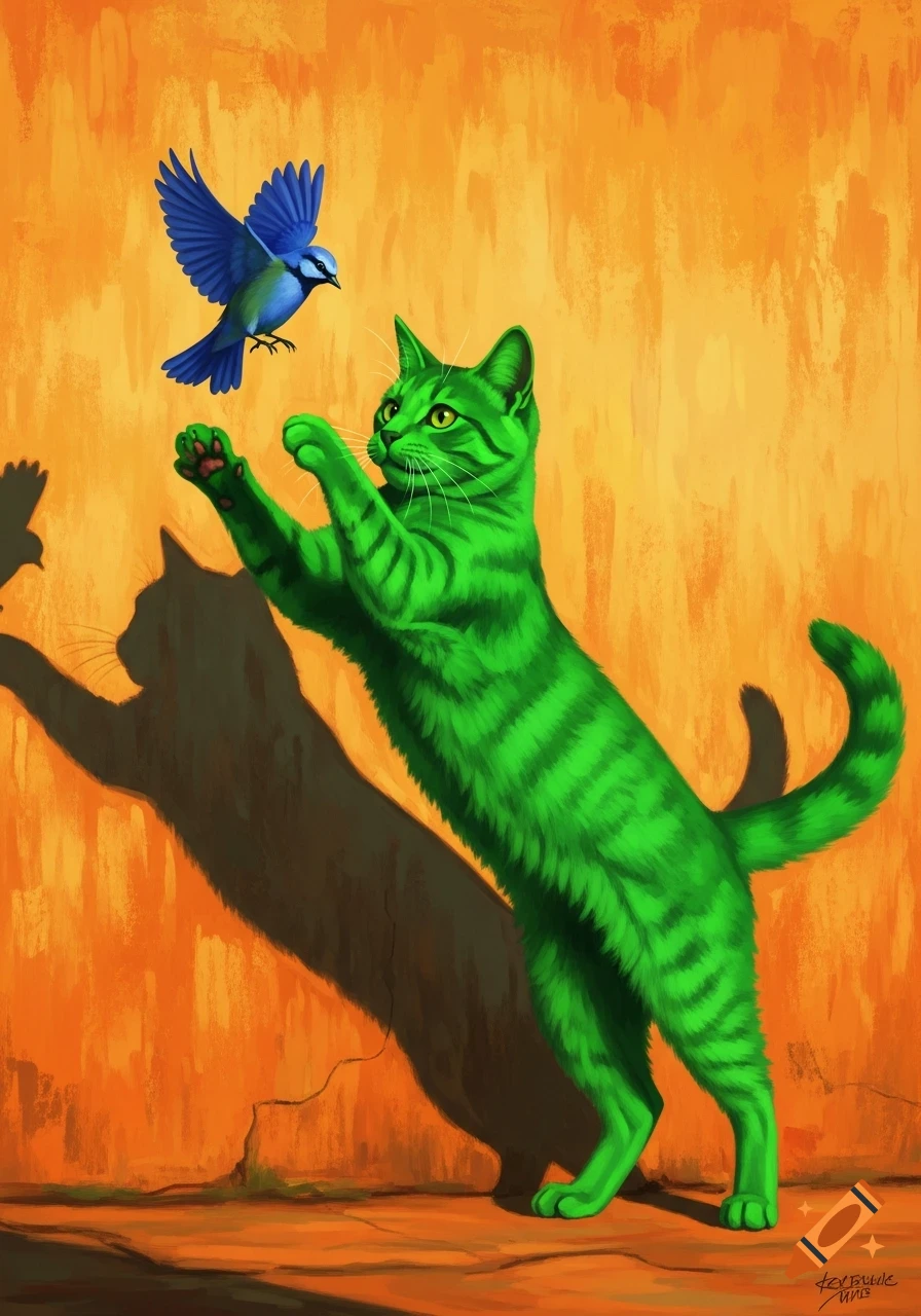 A vibrant green cat with yellow eyes leaps at a blue bird against an orange, textured wall, in an impressionistic art style.