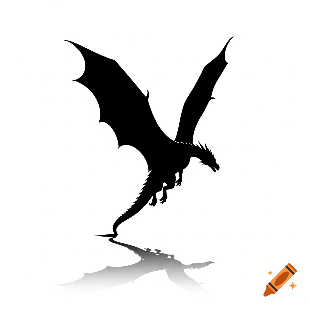 Black silhouette of a flying dragon with outstretched wings and a reflection on a white background.
