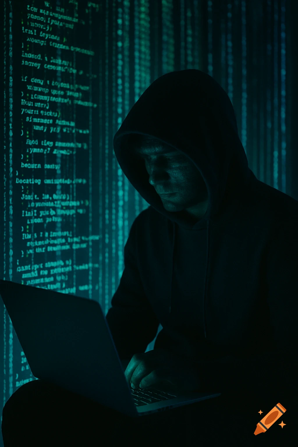 A person in a dark hoodie works on a laptop, silhouetted against a shimmering green wall of abstract code.