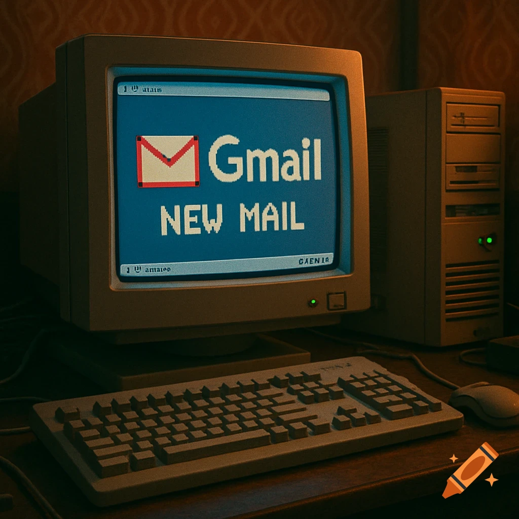 A retro 1990s computer monitor displays a Gmail 'NEW MAIL' notification on a blue screen, next to a beige tower and keyboard.
