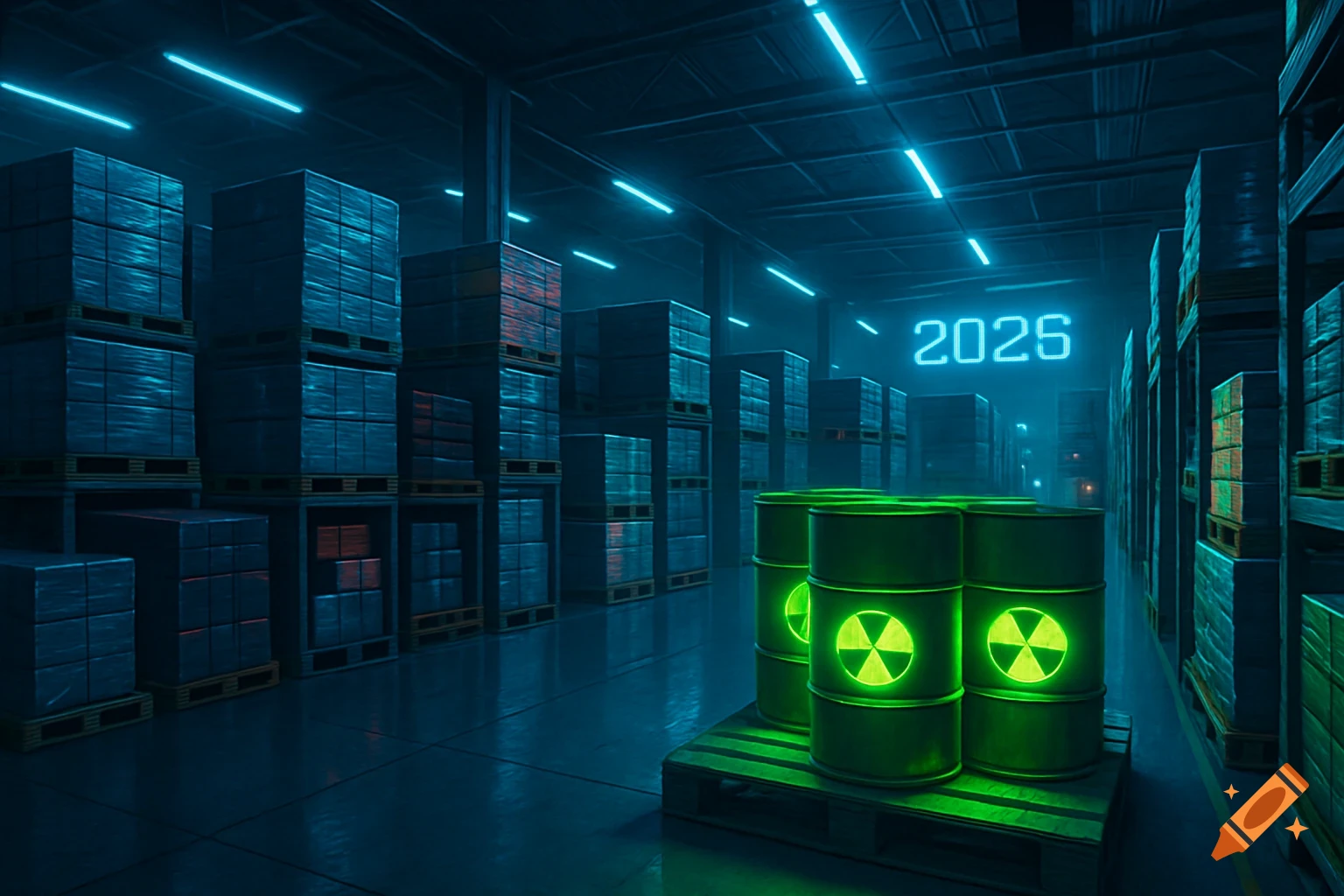 A futuristic industrial warehouse with blue neon lights, stacked boxes, and glowing green radioactive barrels. The year 2026 is displayed.