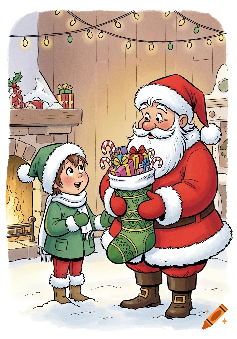 Cartoon illustration of Santa Claus holding a full Christmas stocking for a child by a fireplace, with string lights overhead.