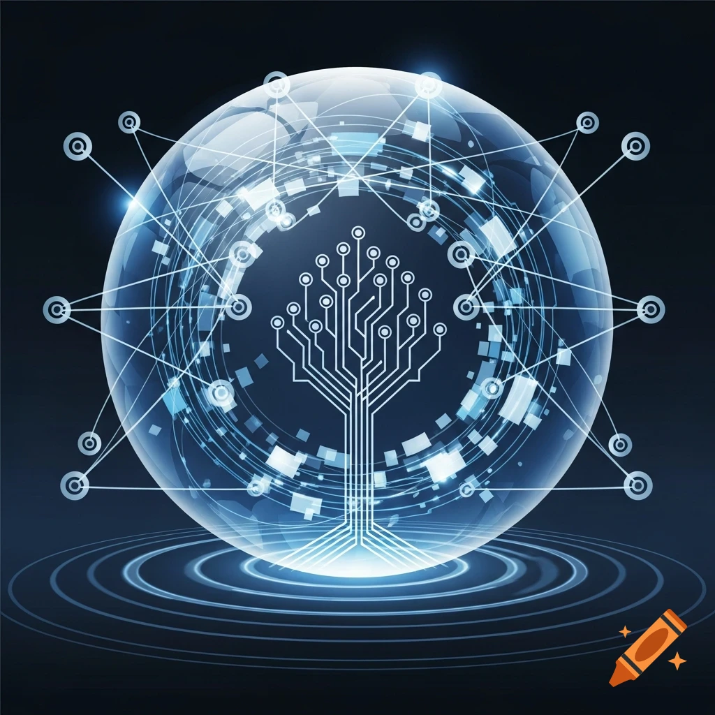 Stylized glowing blue sphere with a circuit board tree and network connections, above radiating ripples.