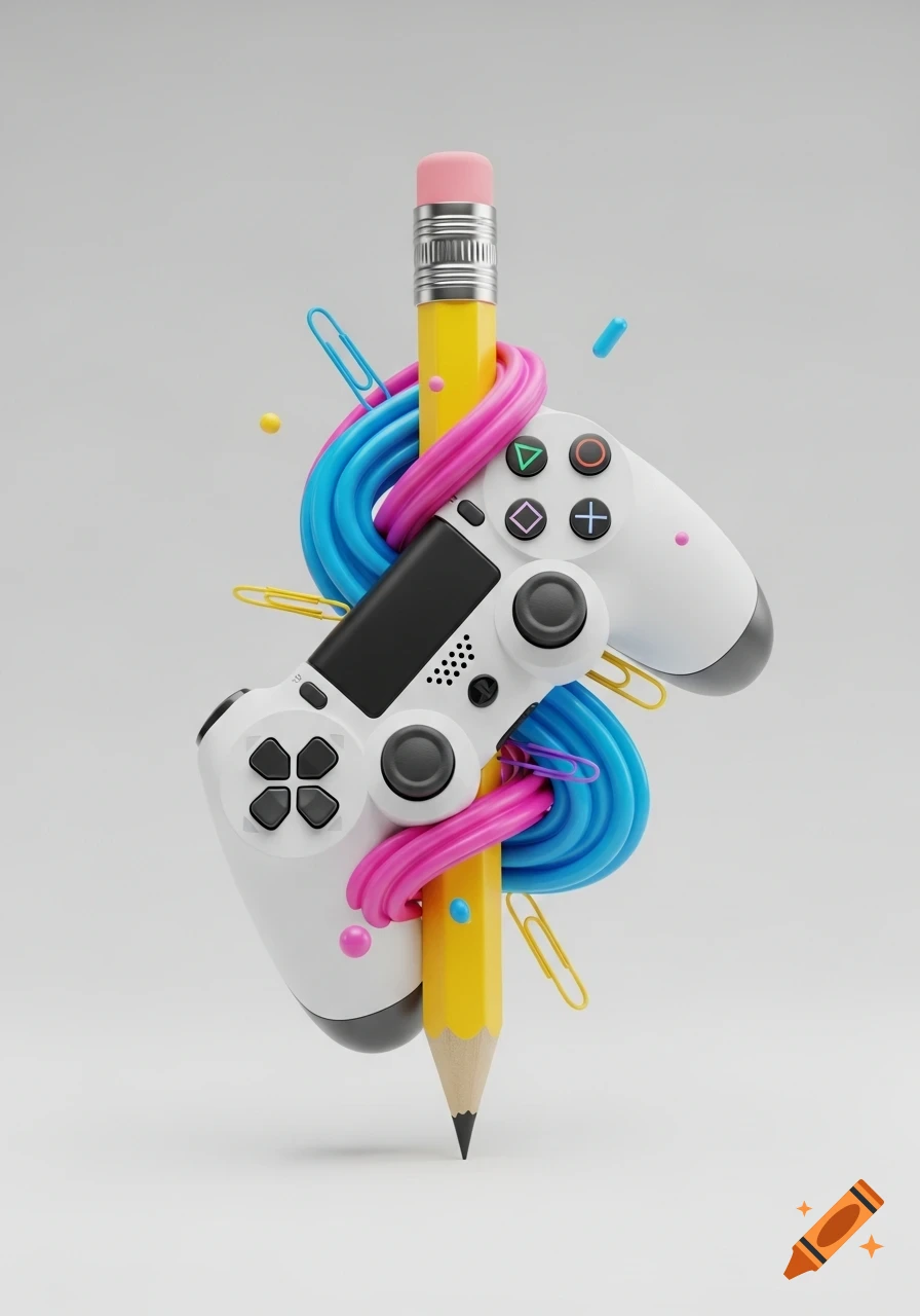 A white PlayStation controller and a yellow pencil are intertwined with colorful abstract tubes and paperclips against a bright white background in a stylized 3D render.
