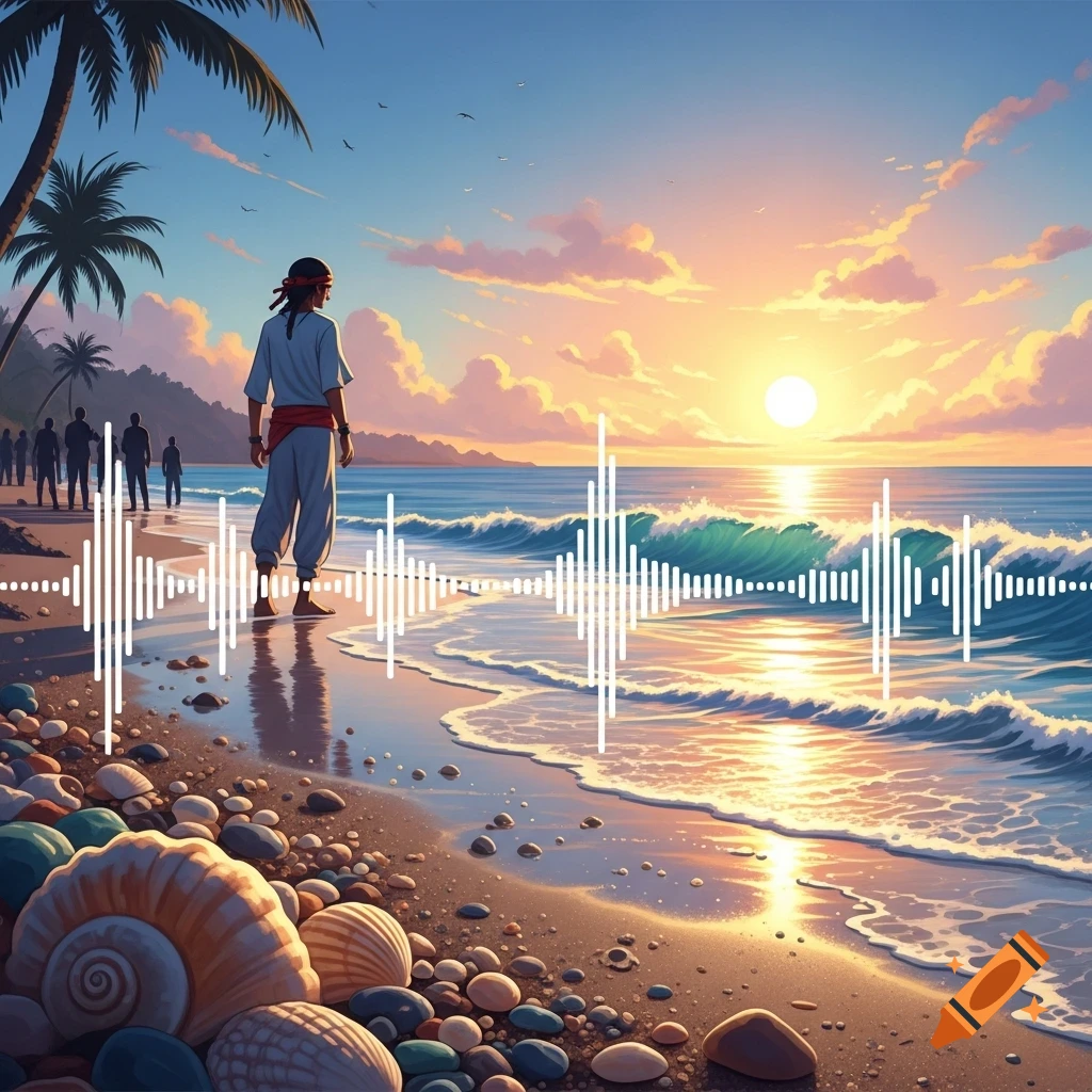 Stylized illustration of a person standing on a pebble beach, looking out at a vibrant sunset over the ocean with sound waves overlaid.