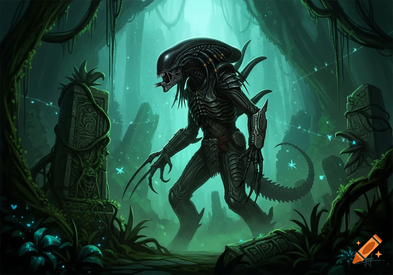 A biomechanical alien creature, a hybrid of a Xenomorph and Predator ...
