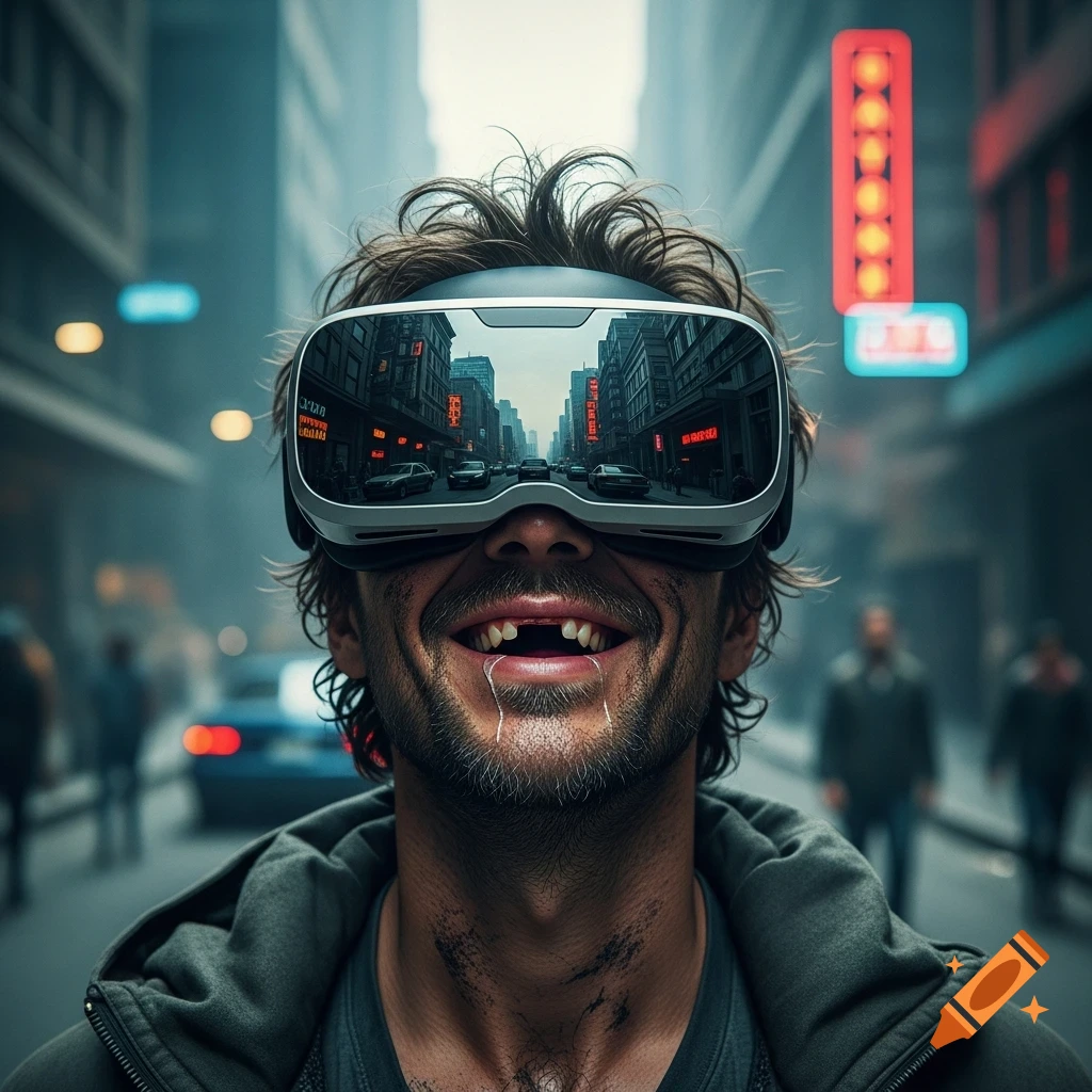 An unkempt, dirty man with missing teeth smiles and drools while wearing futuristic VR goggles, reflecting a city street scene.