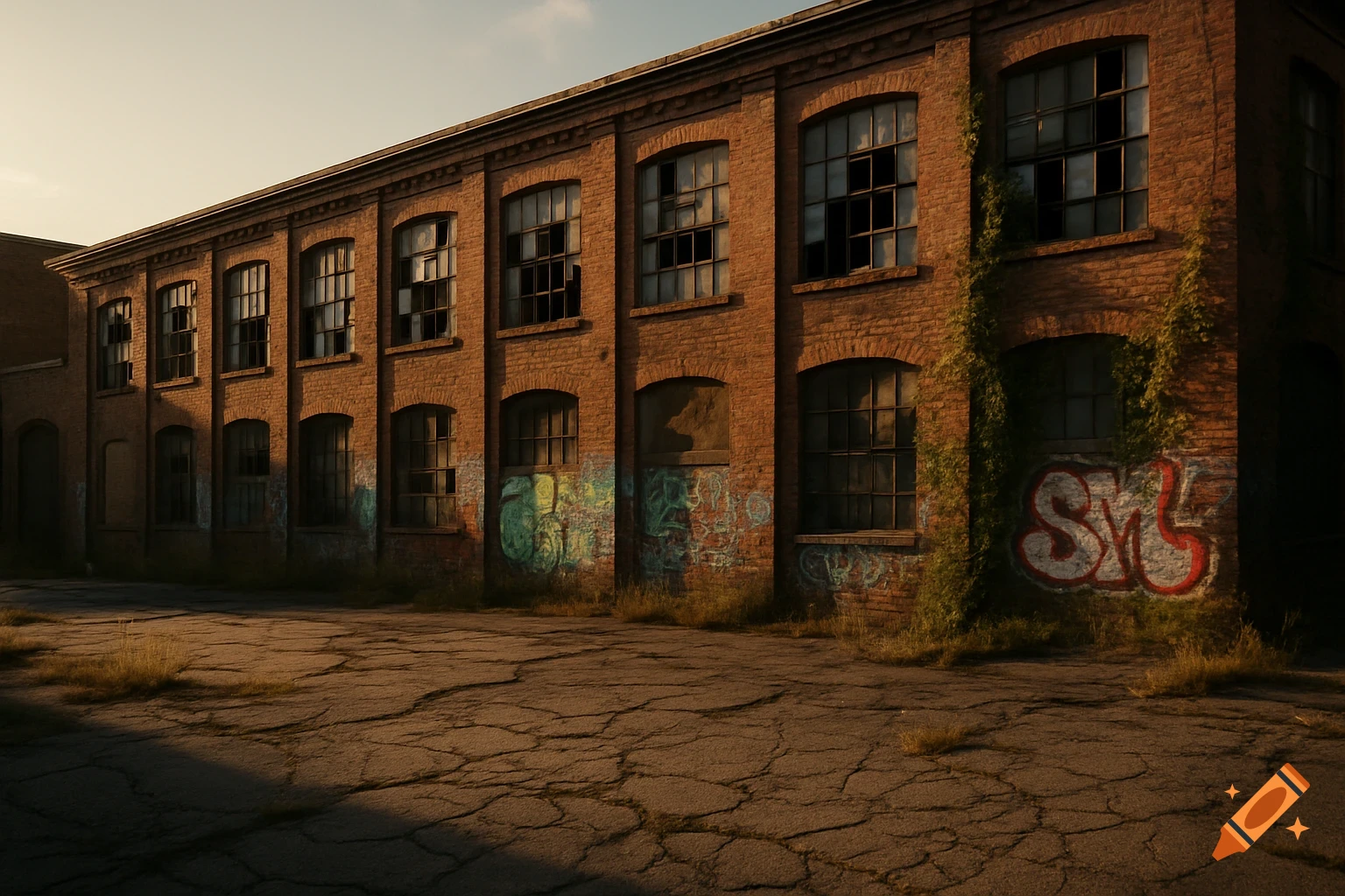 Photorealistic image of a dilapidated brick factory building with broken windows, graffiti, and ivy, next to a cracked asphalt lot.