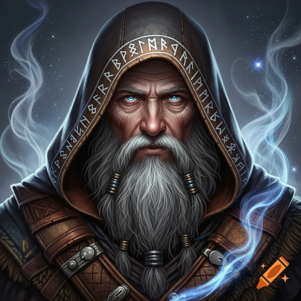 A fantasy portrait of an old sorcerer with a long white beard, glowing blue eyes, and a hooded cloak adorned with runes, surrounded by blue magic.