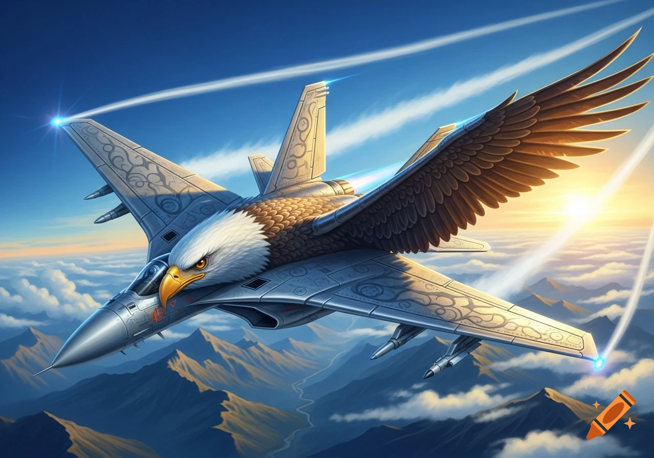 A stylized jet fighter with an eagle's head and feathered wings soars above mountains at sunrise.
