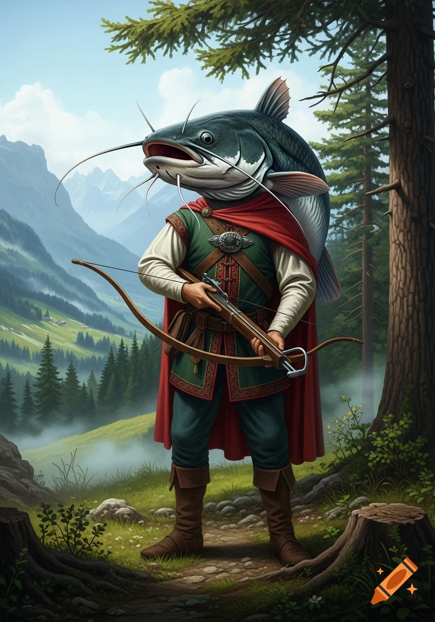 A fantasy character with a large catfish head, dressed in green and red medieval attire, holding a crossbow in a lush mountain forest.