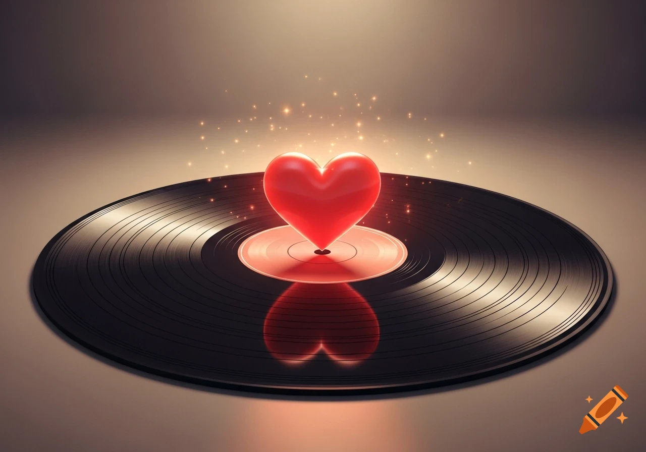 A glossy red heart stands on the red center of a black vinyl record, surrounded by golden sparkles and glowing light.