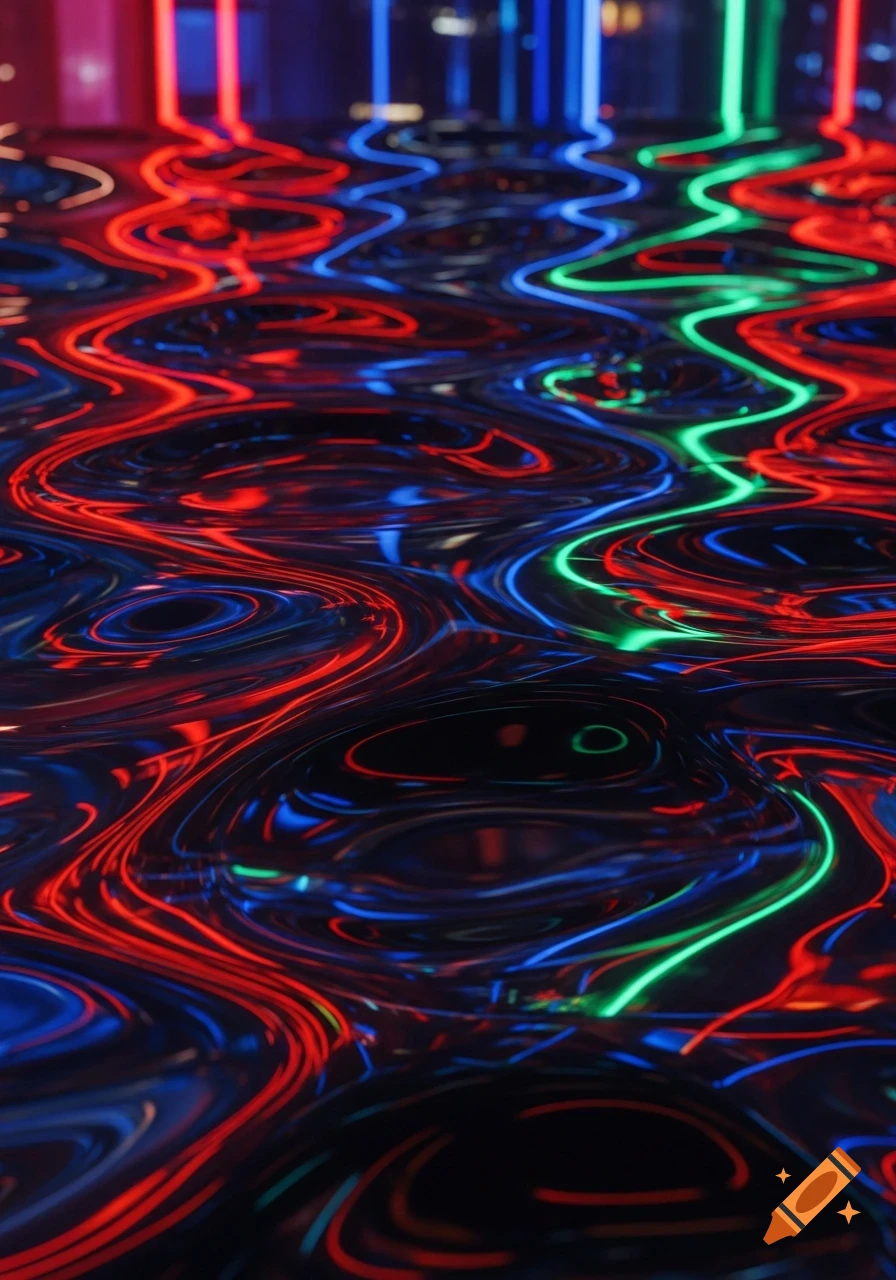 Highly glossy, dark surface with wavy, distorted reflections of red, blue, and green neon lights.