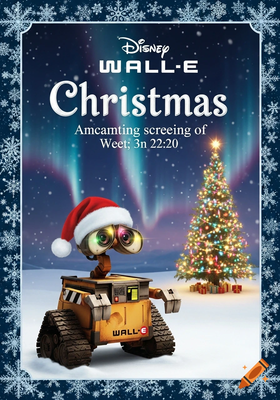 A movie poster featuring WALL-E robot in a Santa hat, standing in snow with a decorated Christmas tree and aurora borealis. Text says 'Disney WALL-E Christmas'.
