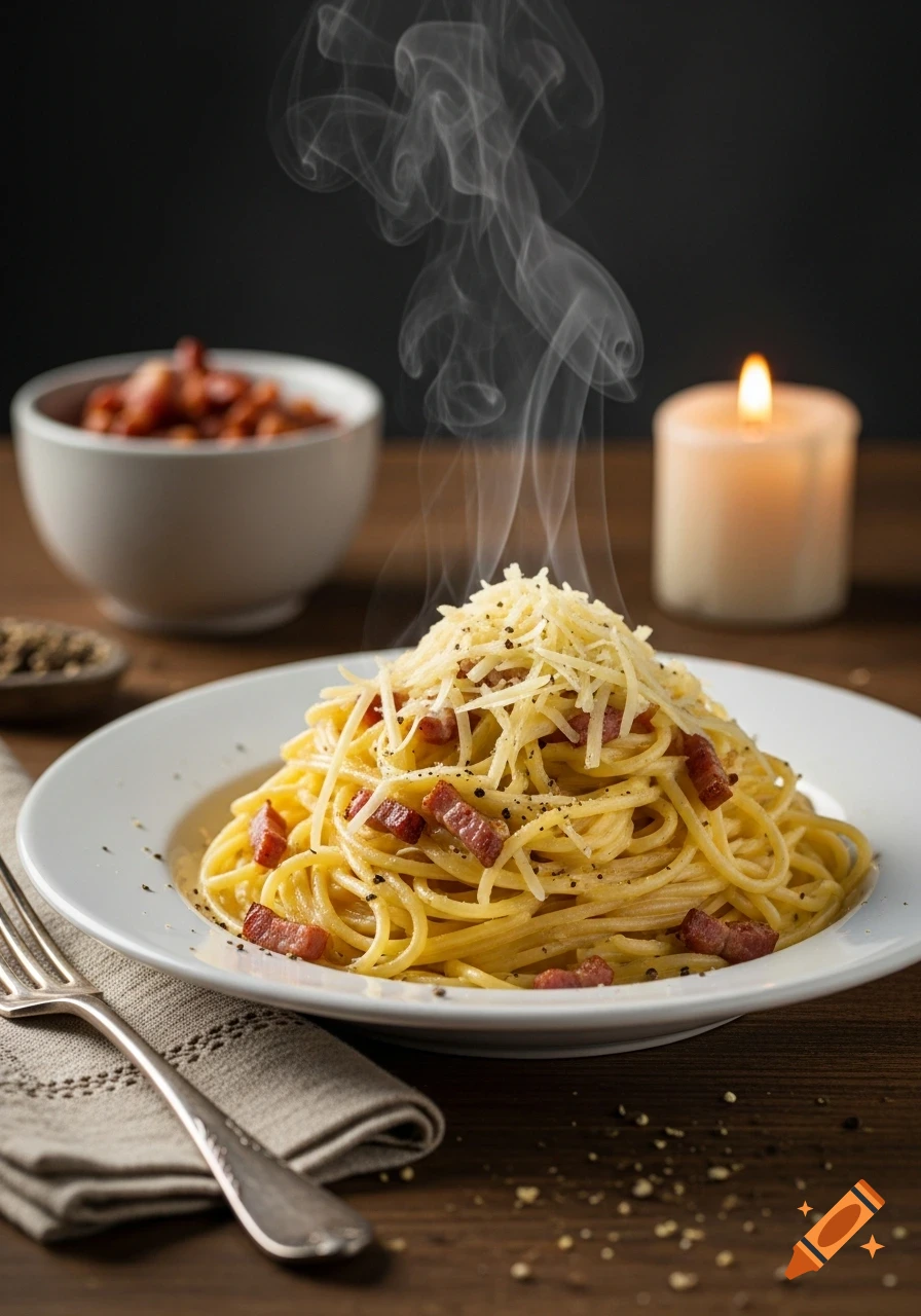 Steaming plate of spaghetti carbonara topped with grated cheese and bacon bits, next to a lit candle and fork.