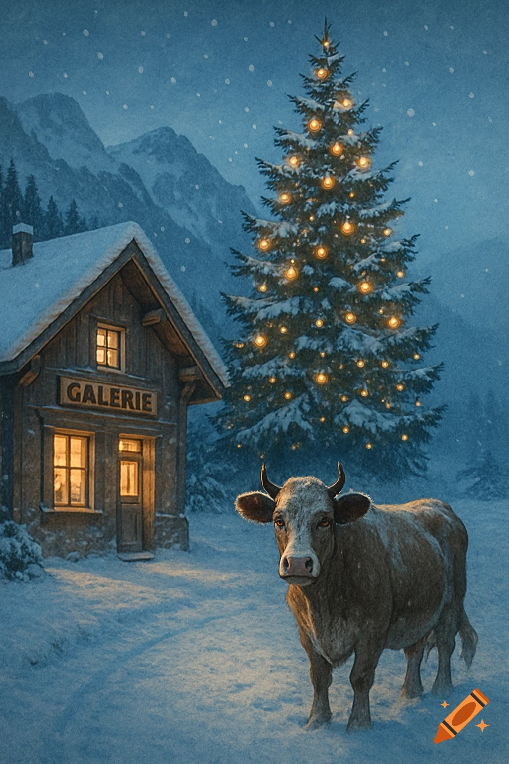 A cow stands in a snowy winter mountain landscape next to a rustic cabin and a lit Christmas tree under falling snow.