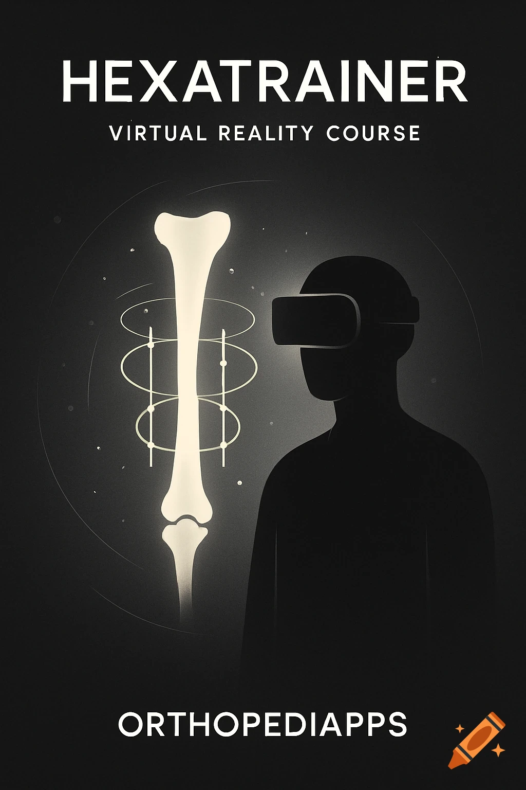 Minimalist illustration of a person in a VR headset looking at a glowing bone, with text 'HEXATRAINER VIRTUAL REALITY COURSE' and 'ORTHOPEDIAPPS'.