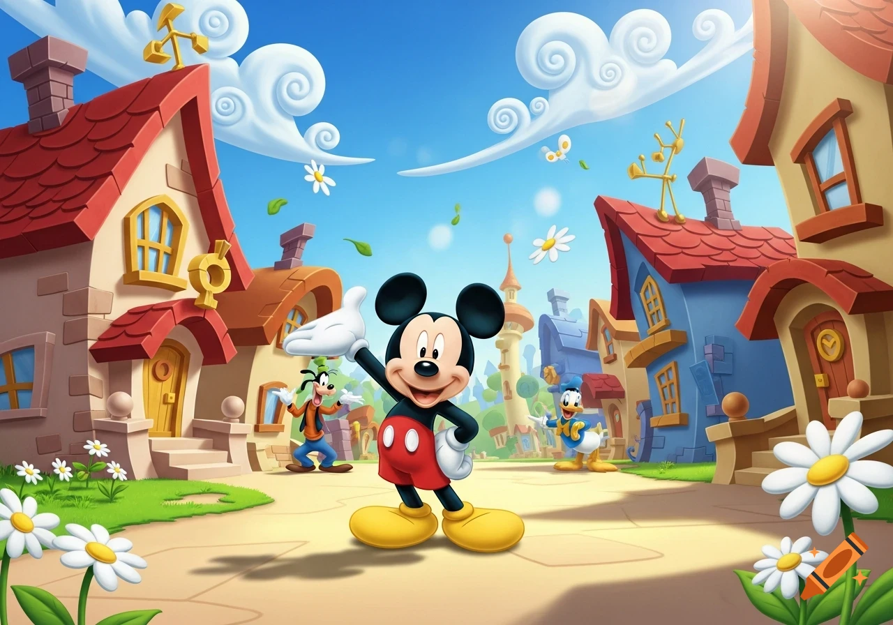 Mickey Mouse, Goofy, and Donald Duck smile in a vibrant, stylized cartoon town with colorful houses and flowers.