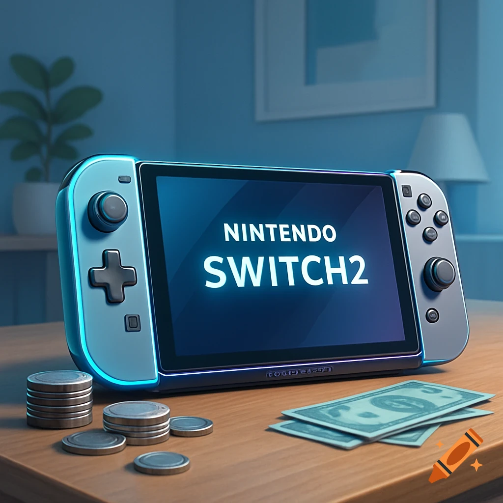 A concept Nintendo Switch 2 console on a wooden table, next to stacks of coins and banknotes in a softly lit room.