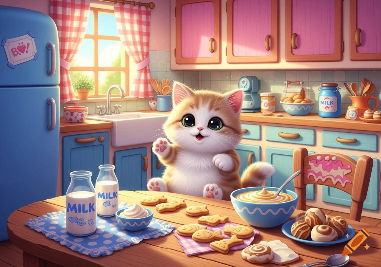 A cute, fluffy cartoon kitten sits at a wooden kitchen table with milk bottles, cookies, and a bowl of cereal.