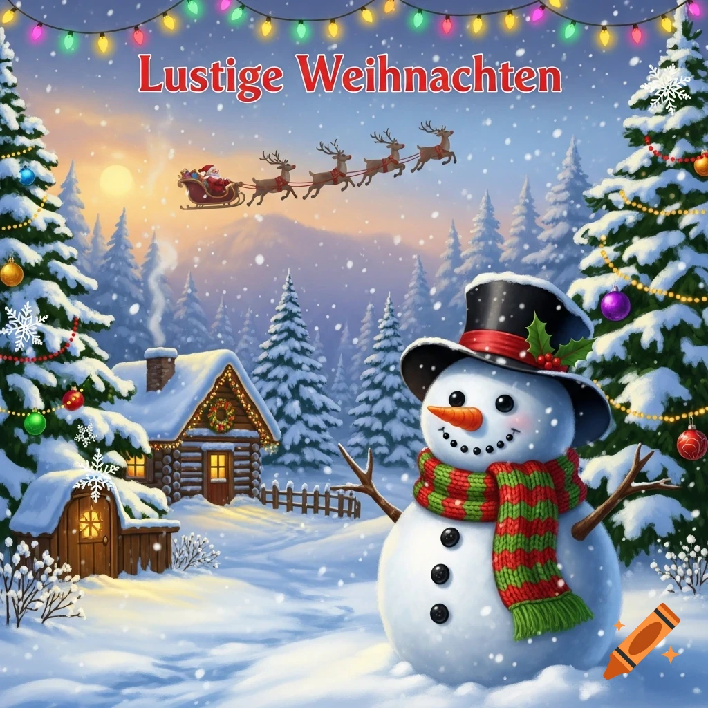 A festive winter scene with a smiling snowman, a snowy cabin, decorated Christmas trees, and Santa's sleigh flying across the sky.