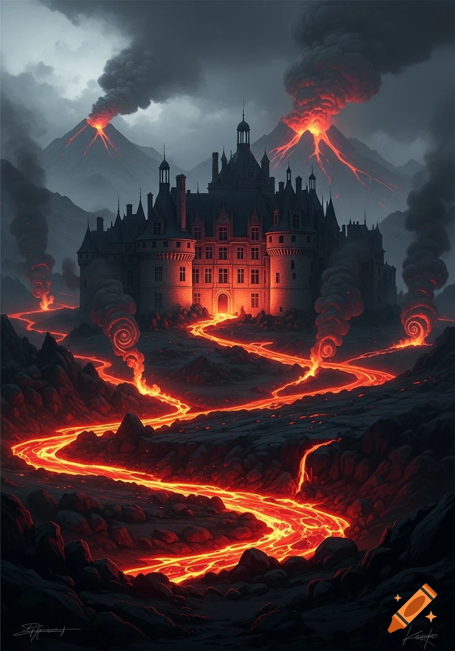 A dramatic gothic castle illuminated by flowing rivers of bright orange lava under a dark, stormy sky with erupting volcanoes.