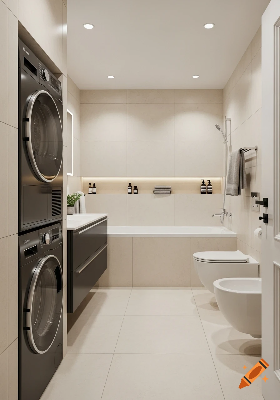 A modern, narrow bathroom with a stacked black washer and dryer, a dark vanity, a bathtub, a toilet, a bidet, and cream tiles.