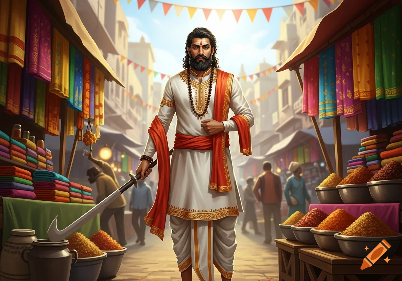 A man in traditional white and red Indian attire with a beard stands holding a sword in a bustling, colorful market.
