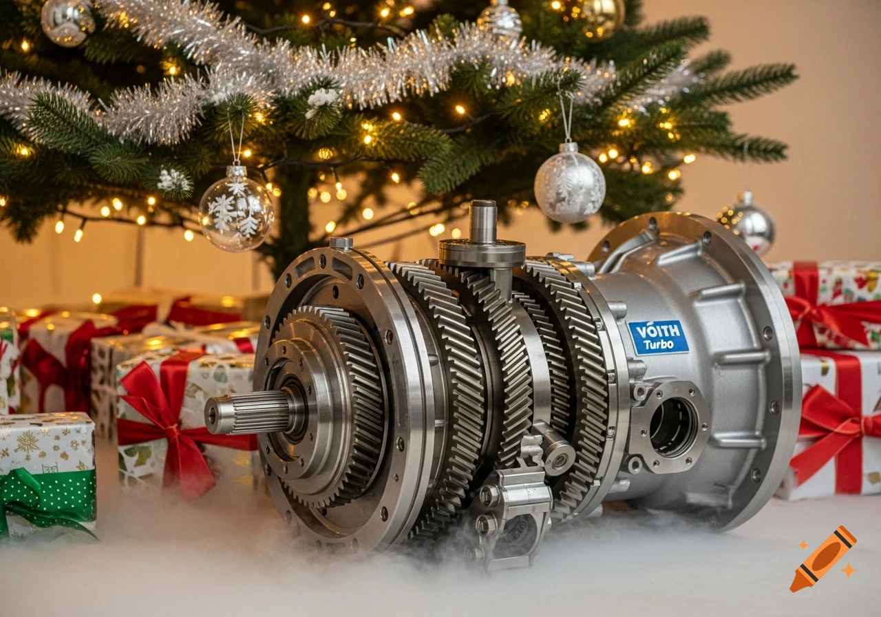 A close-up photorealistic shot of a shiny metal industrial gearbox sitting in smoke beneath a decorated Christmas tree with gift boxes.