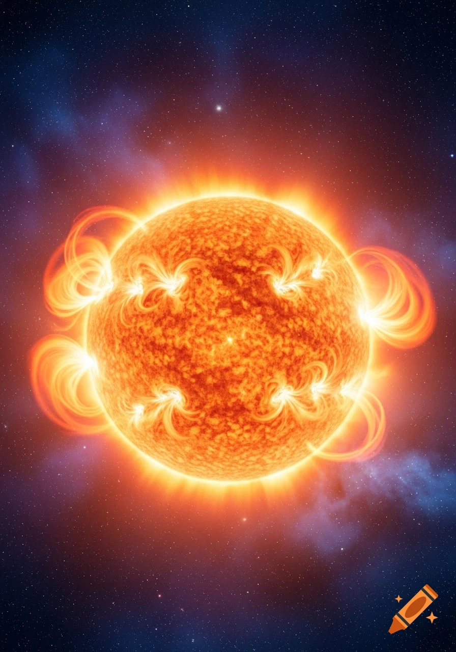 A bright orange and red sun with glowing solar flares against a dark starry space background.
