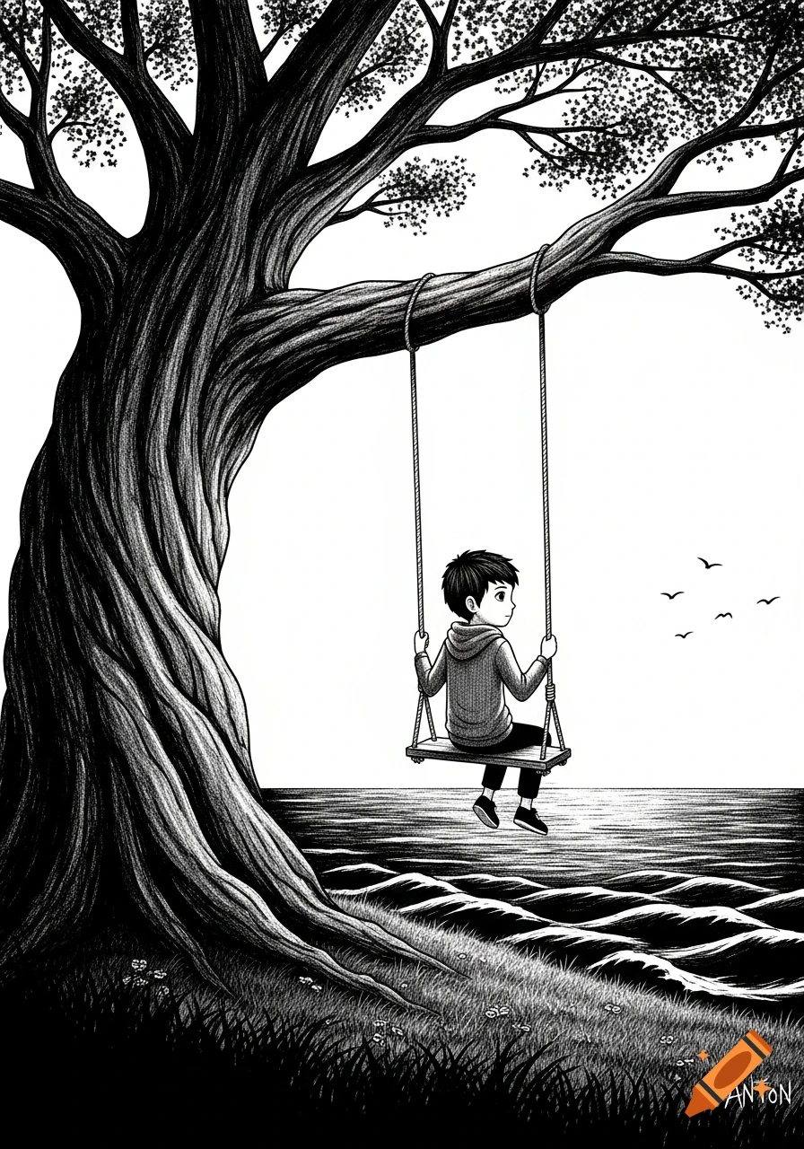 A black and white illustration of a boy on a swing hanging from a large, gnarled tree, looking out at a dark, wavy sea under a clear sky with birds.