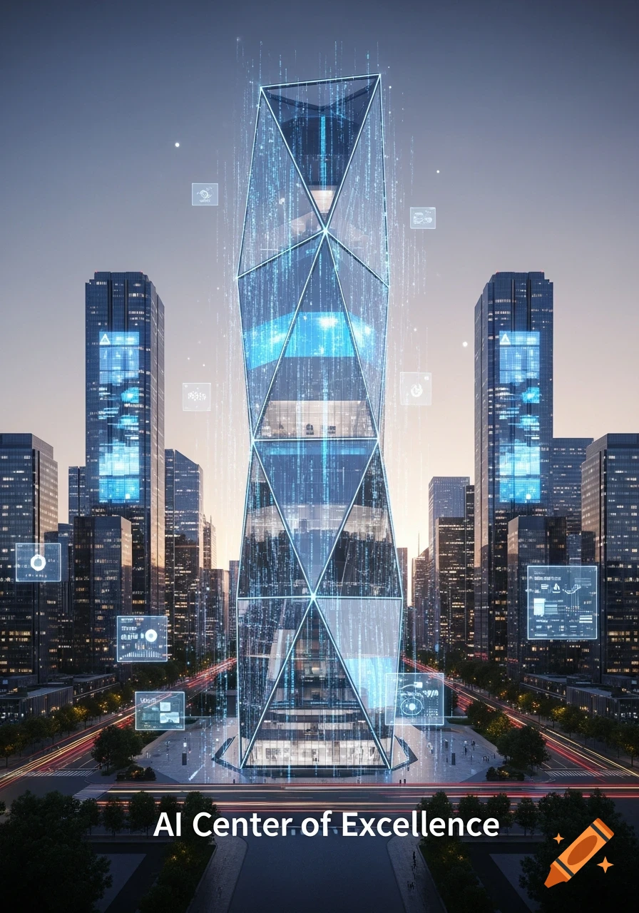 A futuristic glass skyscraper with blue digital data streams in a modern city skyline at dusk, with 'AI Center of Excellence' at the bottom.