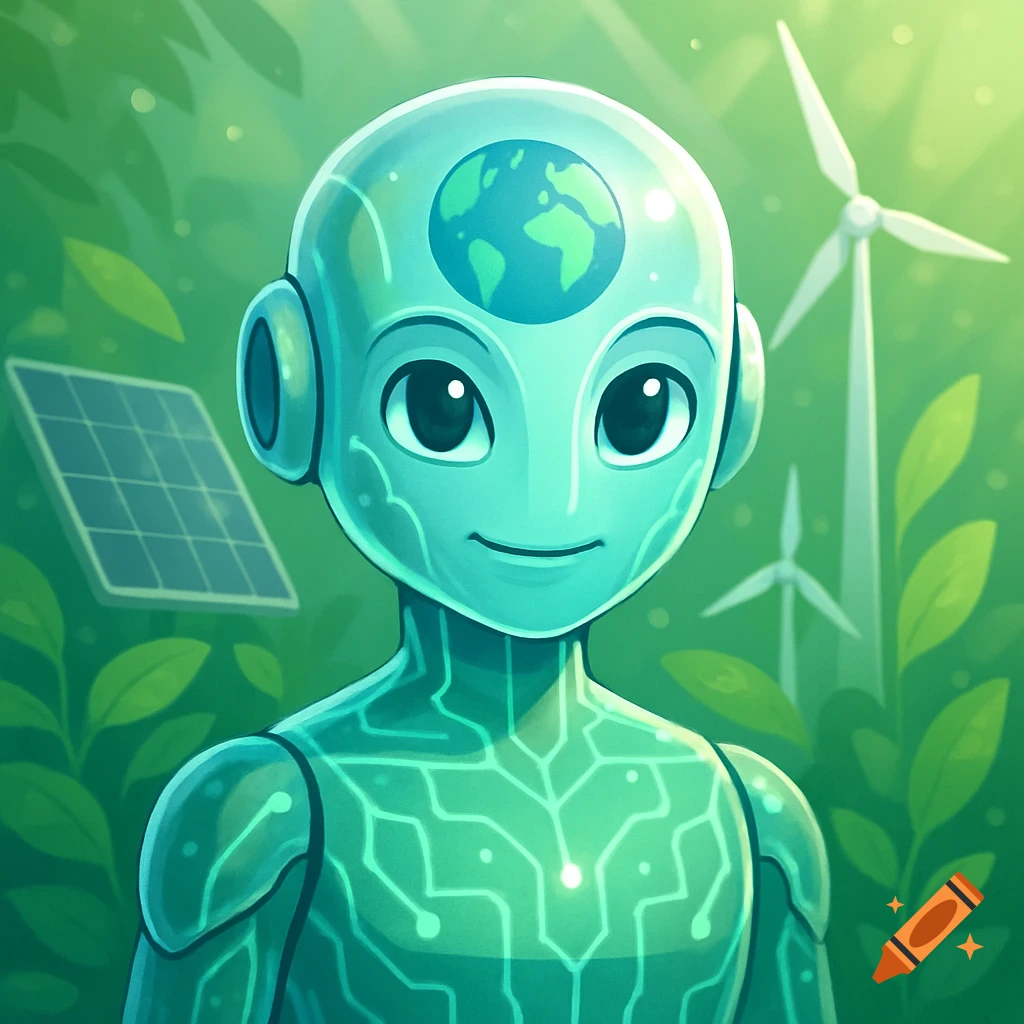 A friendly, teal robot with a globe on its head, circuit patterns, solar panel, and wind turbines in a lush green environment, cartoon style.