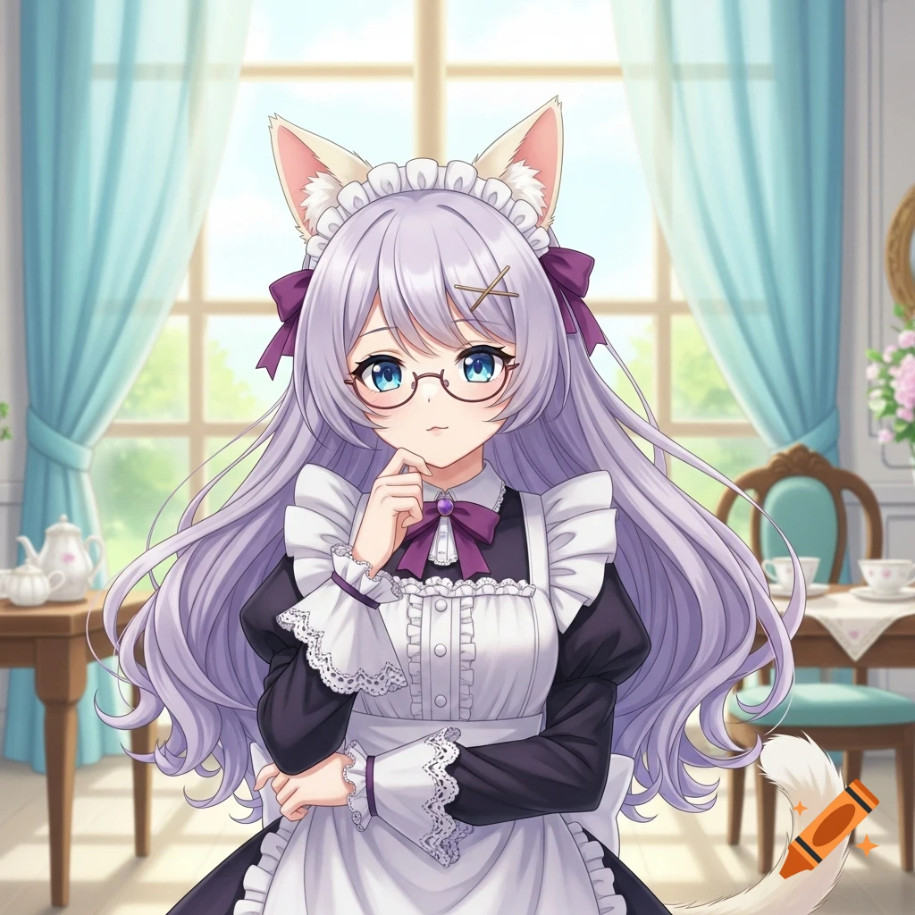 Anime catgirl maid with lavender hair, glasses, and blue eyes, making a thoughtful gesture in a bright room.