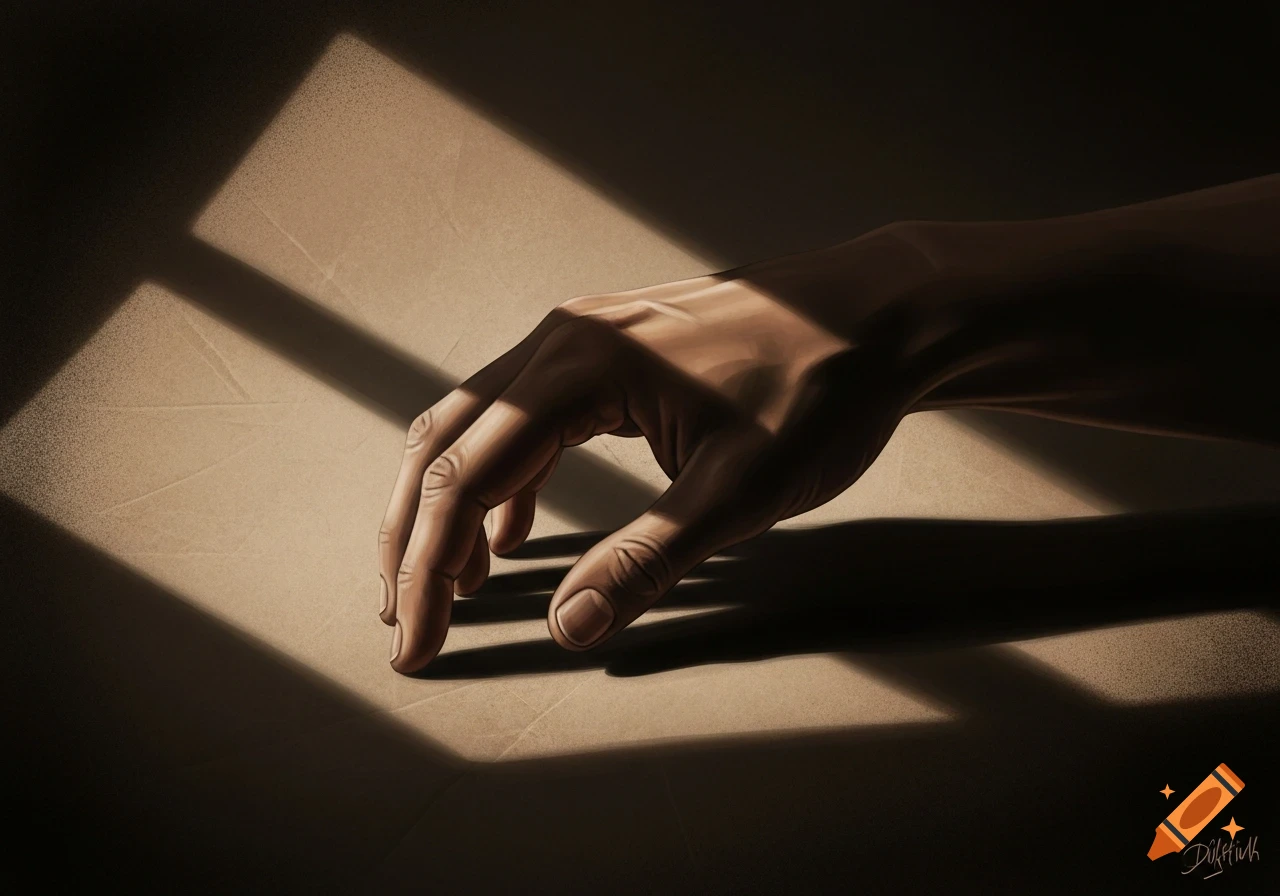 A detailed digital painting of a hand reaching out, illuminated by strong, angular light and dramatic shadows.