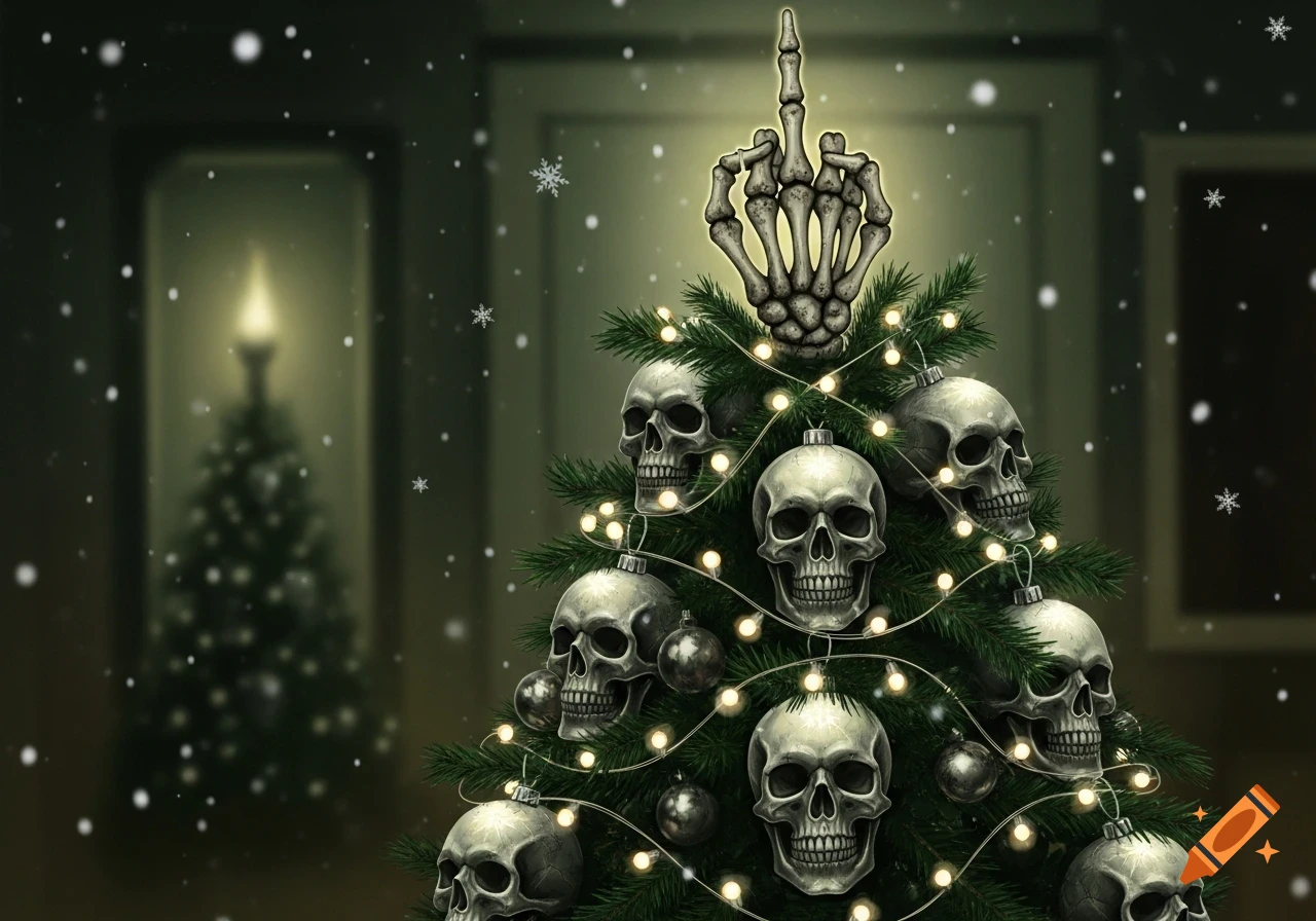 A gothic Christmas tree decorated with skull ornaments and topped with a skeleton hand making a middle finger gesture, with falling snow.