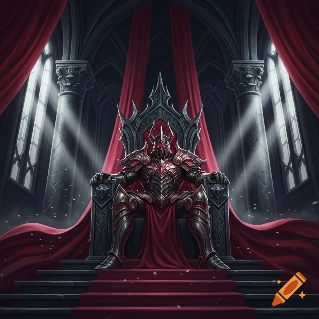 A dark armored figure with glowing red eyes sits on a spiky throne in a grand, gothic hall with red drapes and light beams.