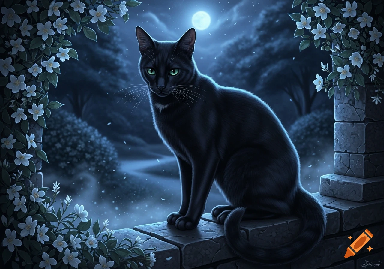 A sleek black cat with glowing green eyes sits on a stone wall under a ...