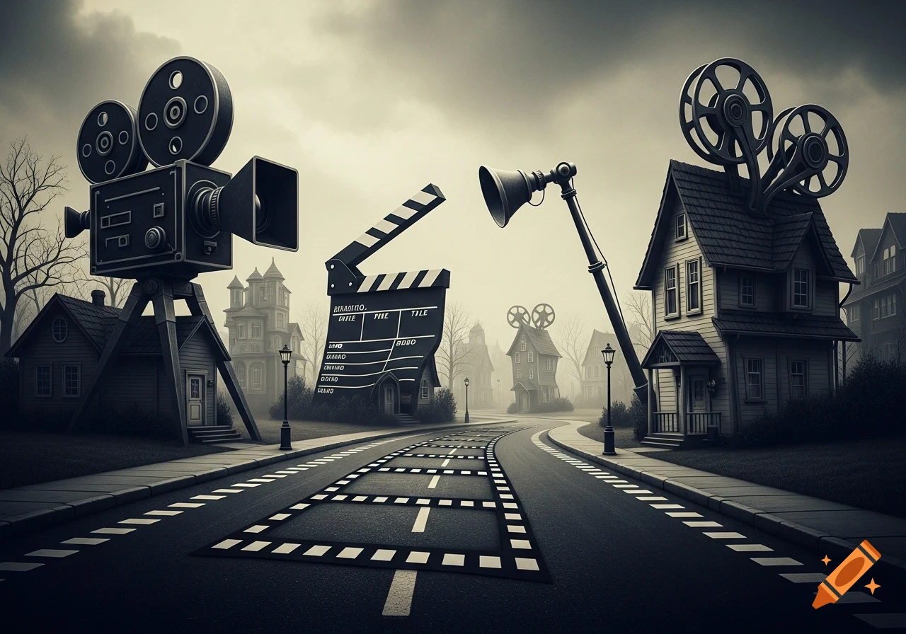 An eerie, expressionistic neighborhood with houses shaped like a vintage movie camera, clapperboard, and boom pole, on a film strip road.