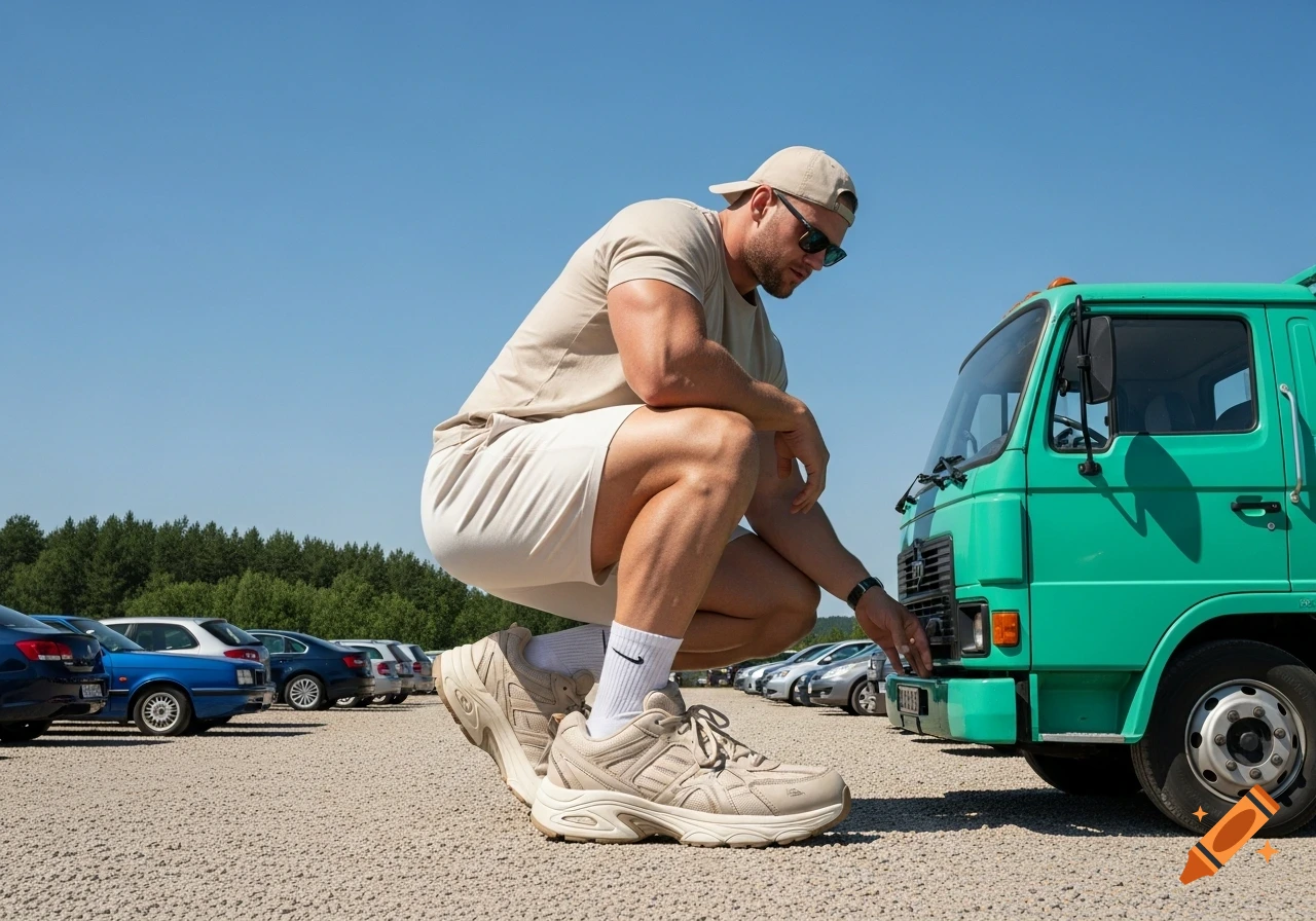 A photorealistic image of a giant, muscular man crouching in a gravel parking lot, dwarfing a small green truck and cars behind him.