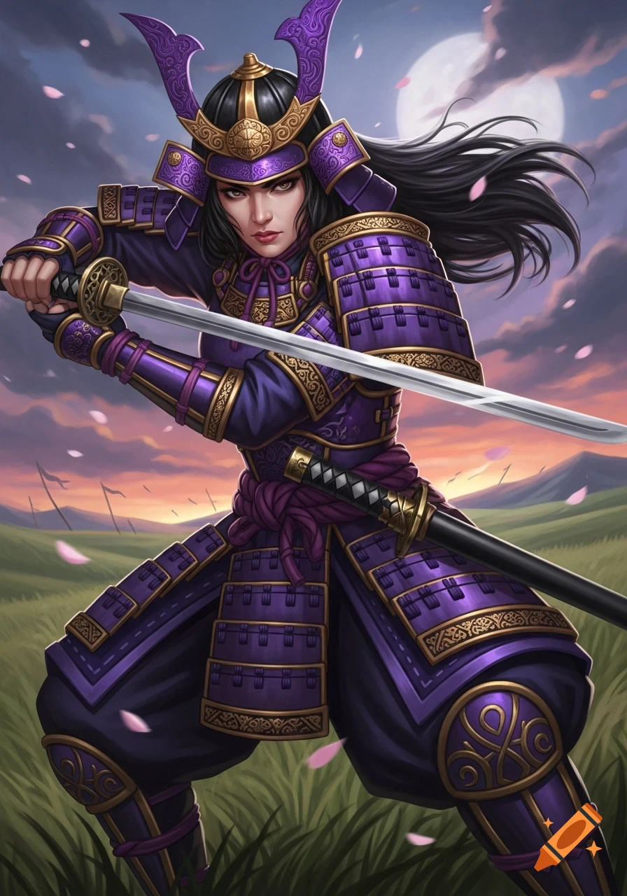 A fierce female samurai in ornate purple and gold armor holds a katana, standing in a field under a moonlit sky with falling cherry blossoms.