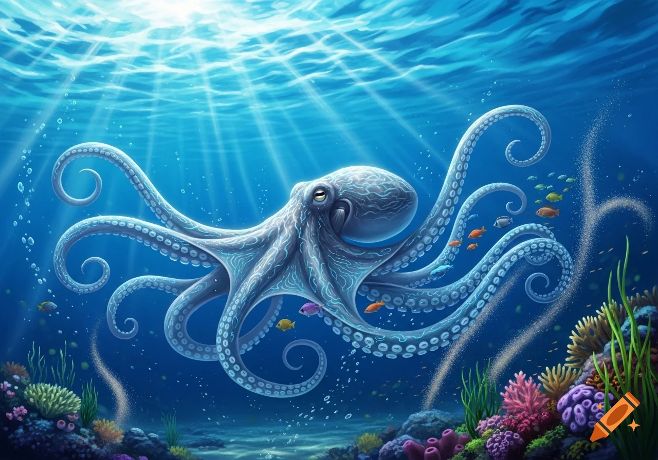 A vibrant blue octopus with glowing patterns swims gracefully in a brightly lit underwater coral reef scene, surrounded by small fish.