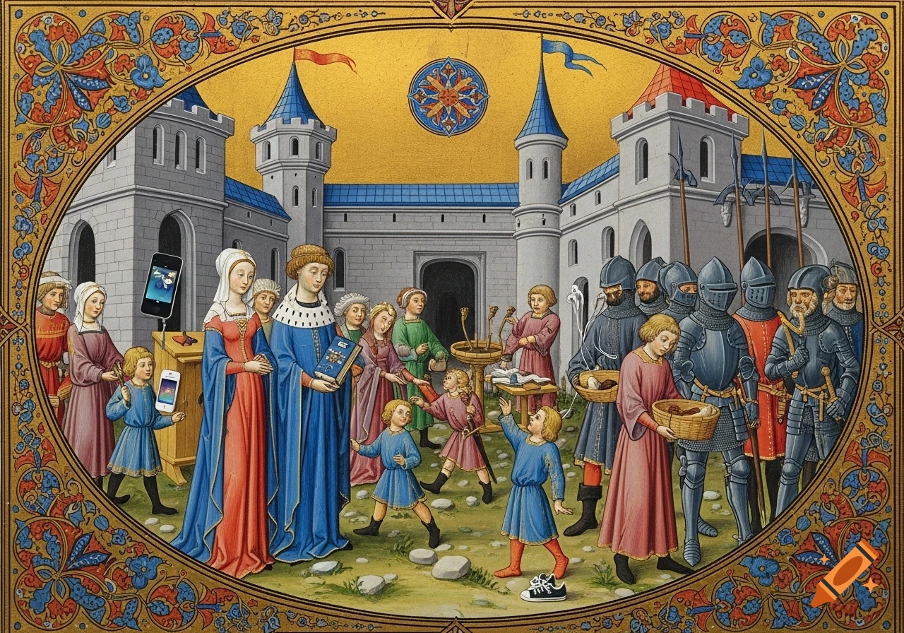A detailed medieval illumination shows people in a castle courtyard with hidden modern objects like smartphones and sneakers.