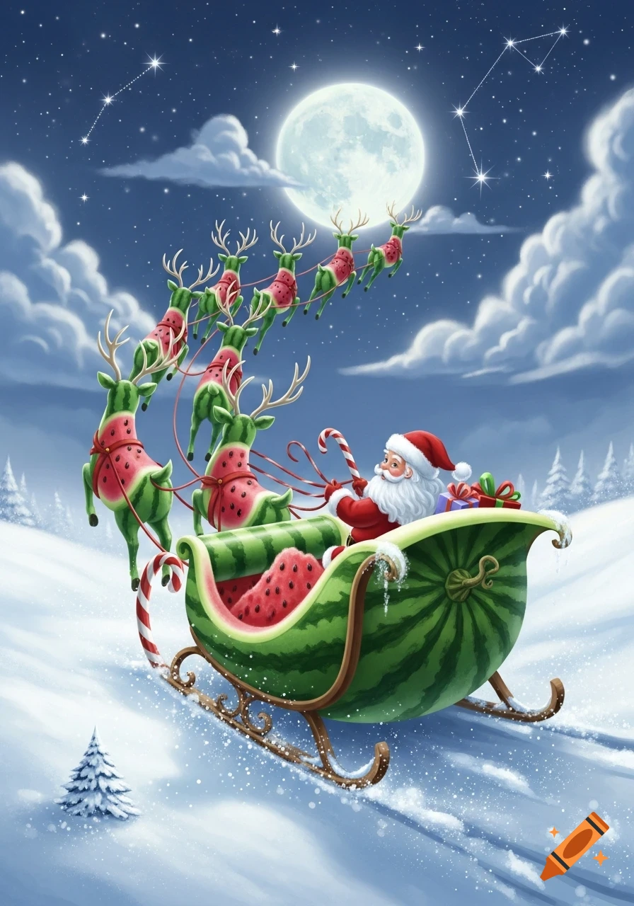 Santa Claus rides a watermelon sleigh pulled by flying watermelon reindeer across a snowy landscape under a full moon.