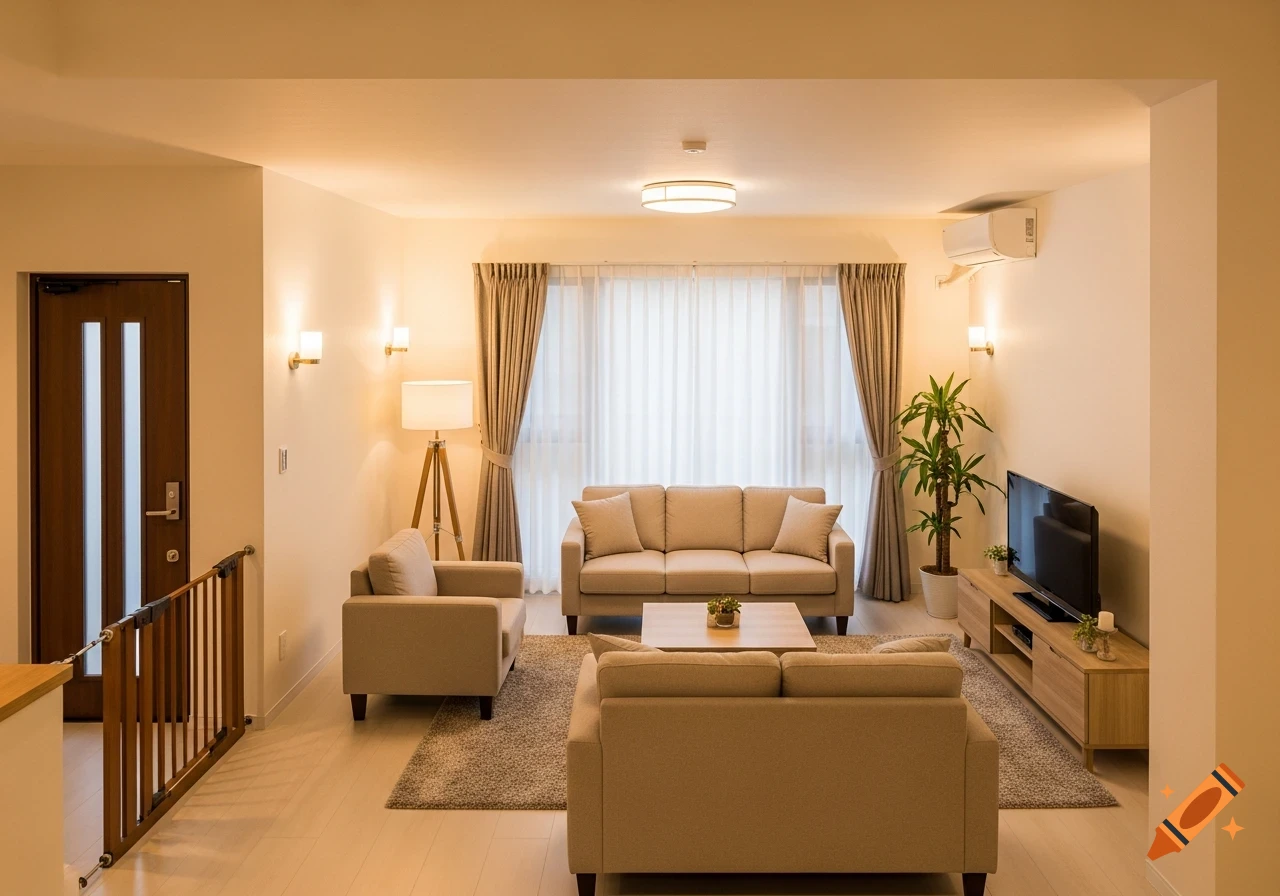 A warm, cozy, modern living room with beige sofas, a wooden coffee table, a TV, a potted plant, and warm ambient lighting.